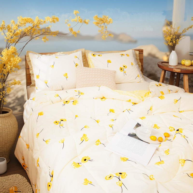Bedorm Yellow Floral Comforter Women Girls Bedding Set Lucky Clover Flowers Bedspread Fresh Botanical Garden Down Comforter Set Twin Size(Twin, Yellow) - Image 3